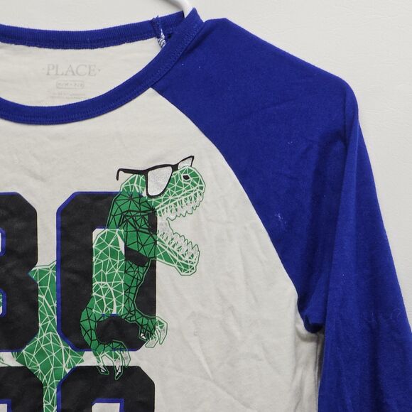 Boys M 7/8 Dino Raglan Shirt The Children’s Place Blue White BOSS Graphic T-REX - Picture 2 of 14